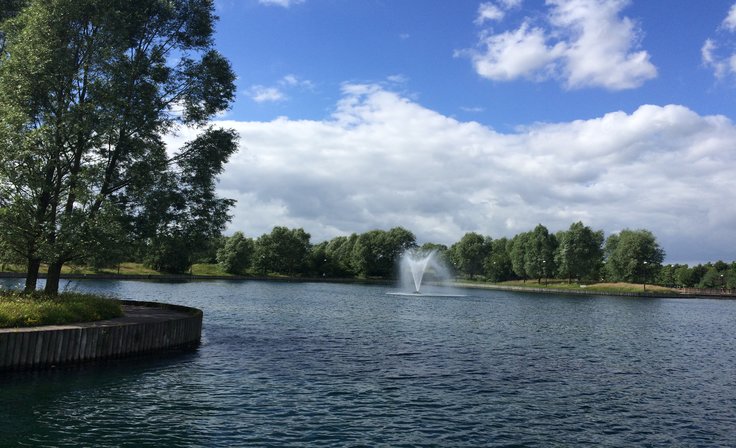 A picture of a fountain in the lake at Lakeside